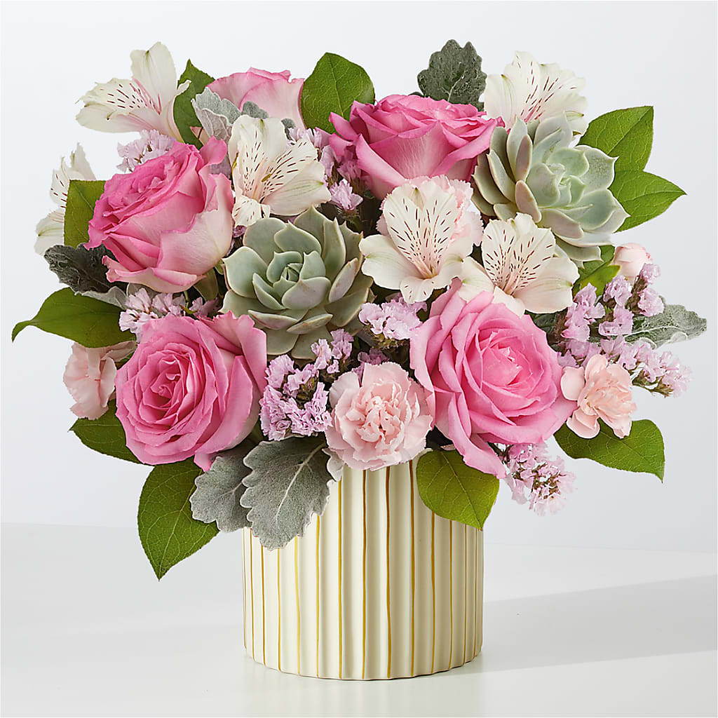 Dusty Rose Bouquet with Ivory Vase – Floral Design By Nikki, Irvine KY