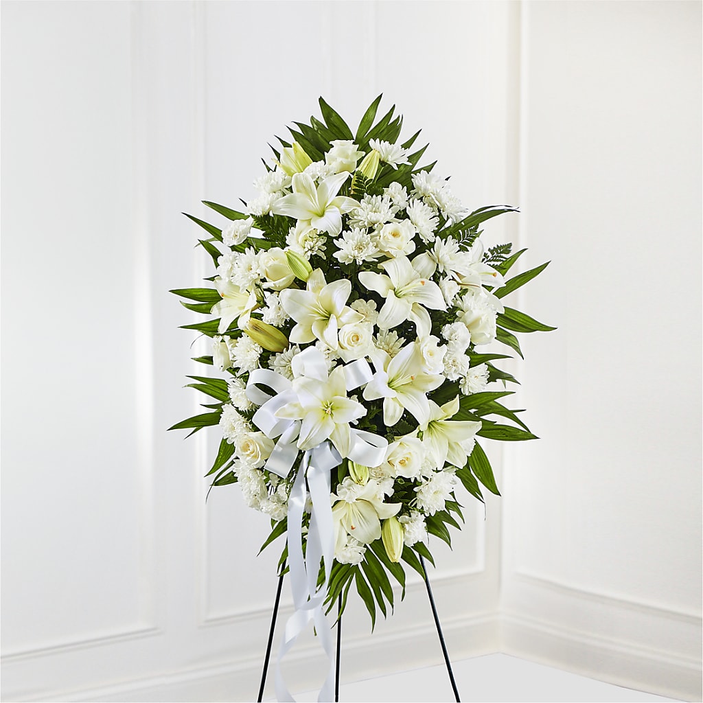 Exquisite Tribute Standing Spray-White Ribbon – Floral Design By Nikki, Irvine KY